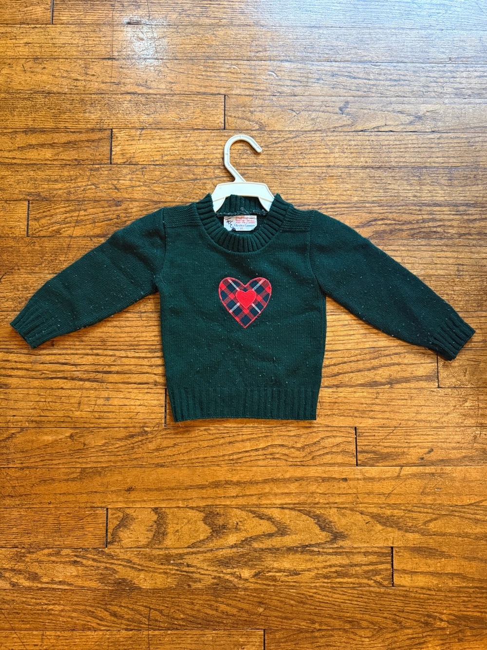 Vintage 1970s Toddler Green Knit Sweater with Red Plaid Heart